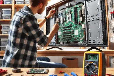 prefesional realizando la reparación de televisor plasma lcd